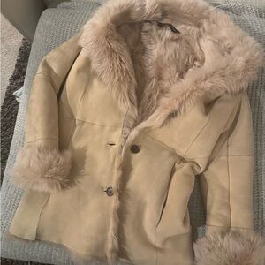 Andrew Marc Cream Shearling Coat with Fur Trim